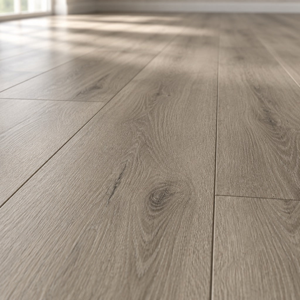 Nordvik Uppsala Taupe SPC vinyl plank close-up showing grain and bevelled edges
