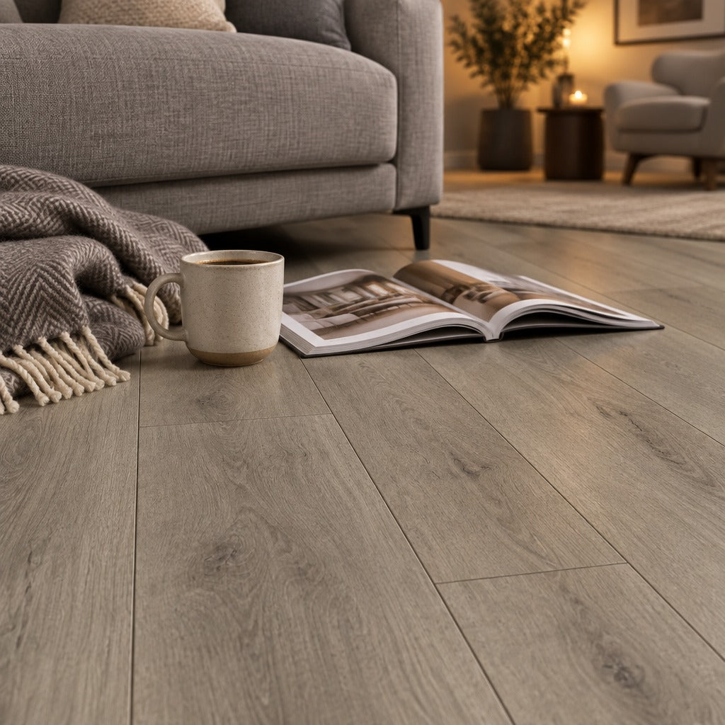 Nordvik Uppsala Taupe waterproof vinyl flooring lifestyle detail