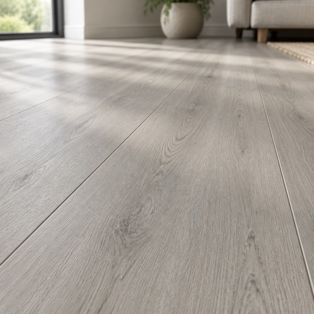 Nordvik Malmö Mist SPC vinyl plank close-up showing grain and bevelled edges