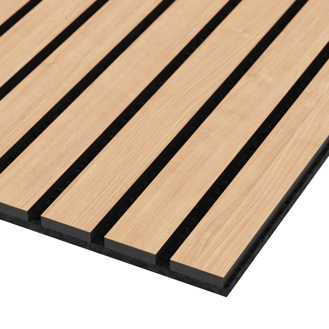 Wide acoustic wood slat wall panel in classic oak