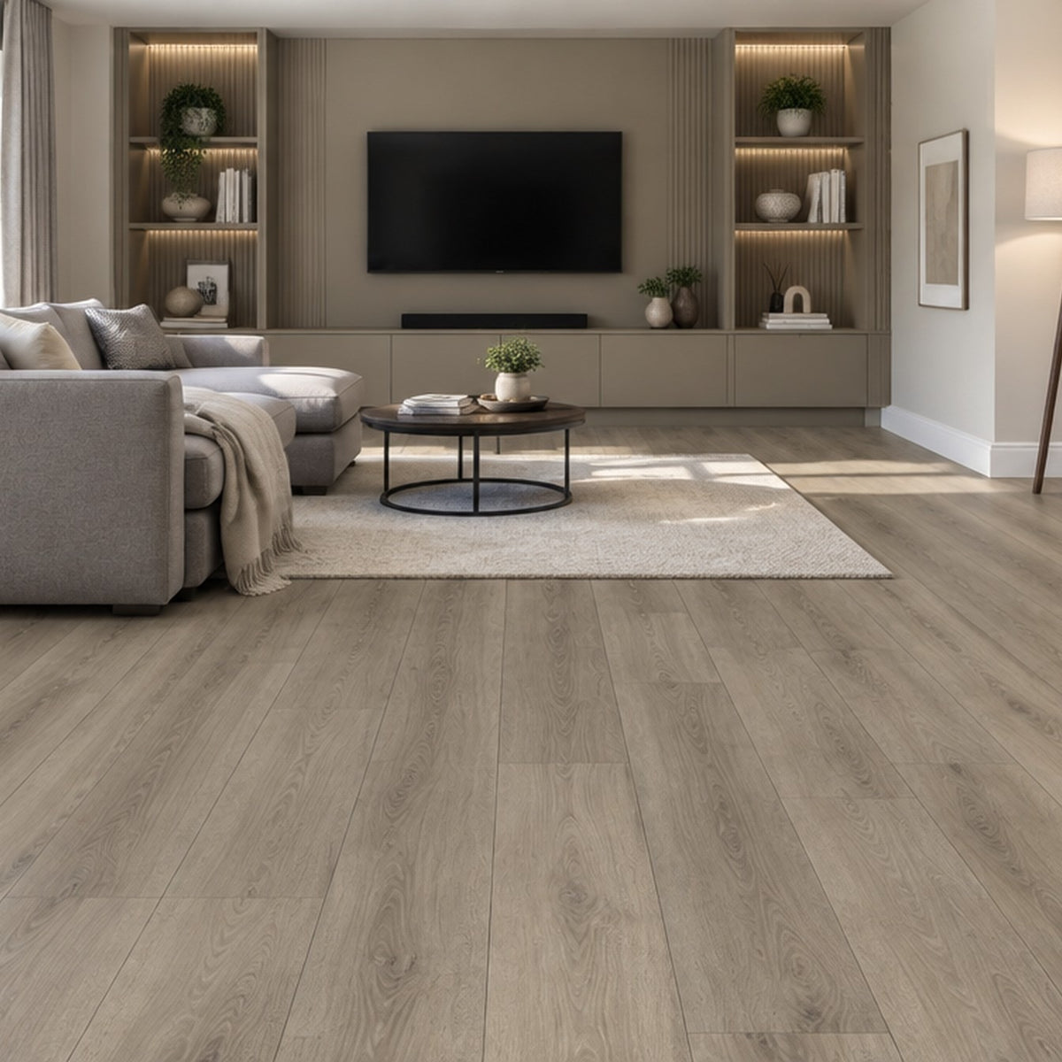Nordvik Uppsala Taupe SPC vinyl flooring laid in a room
