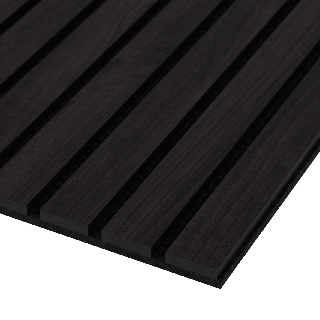 Wide acoustic wood slat wall panel in black
