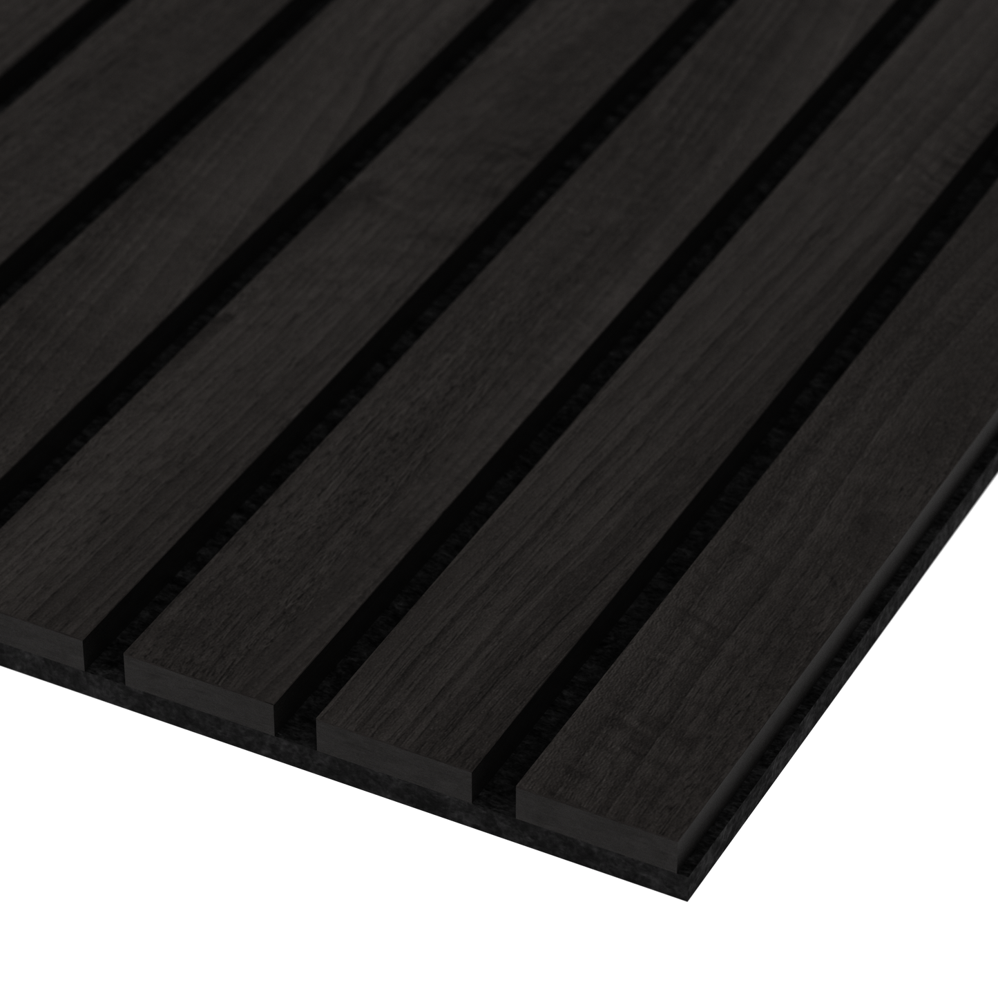 Wide acoustic wood slat wall panel in black