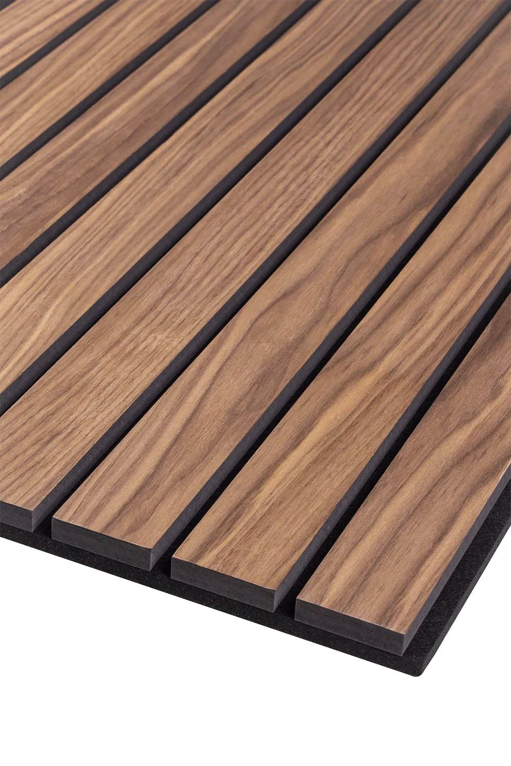Wide acoustic wood slat wall panel in Walnut